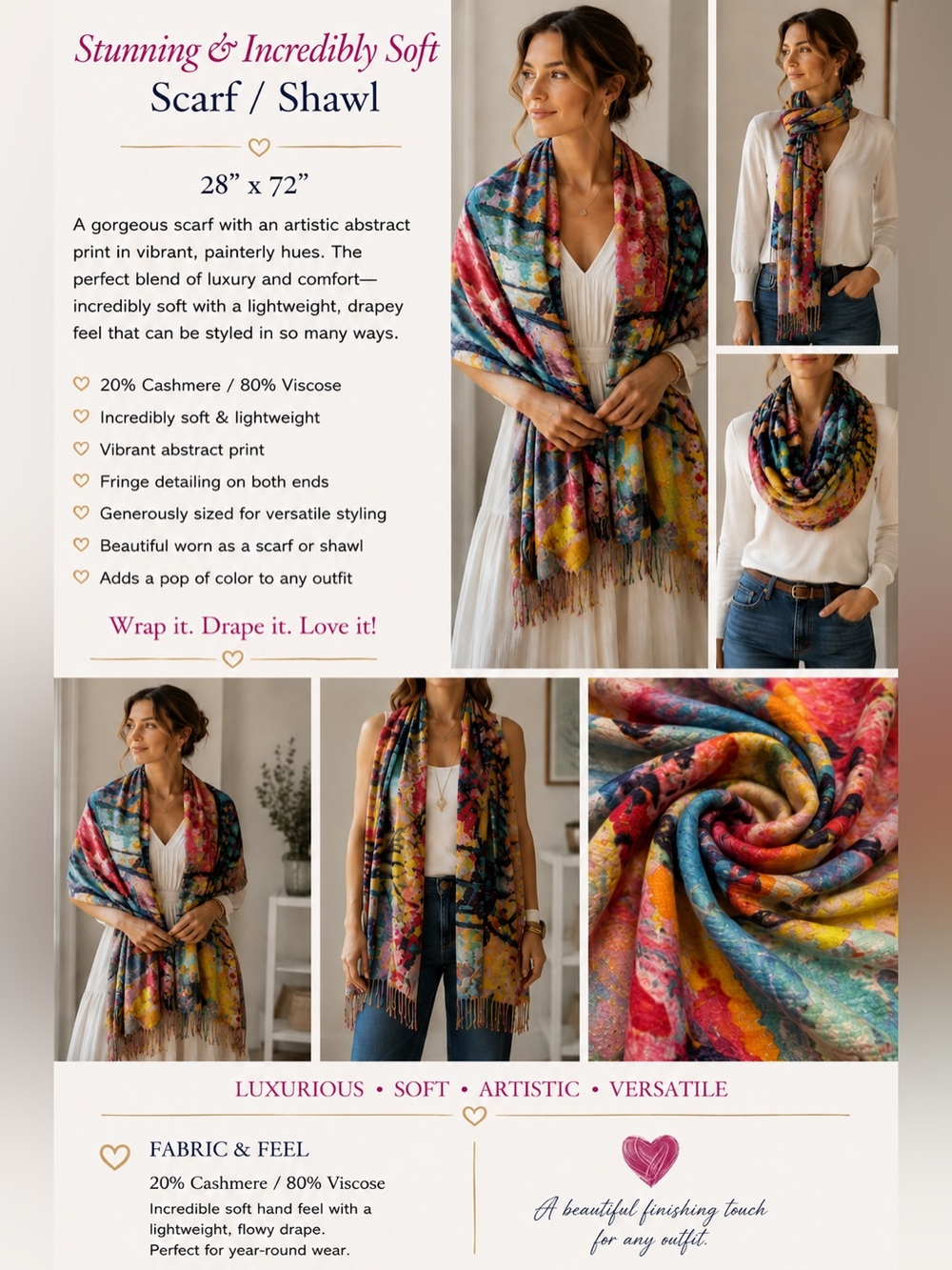 Cashmere Blend Stunning Scarf Shawl Wrap 28” x72”